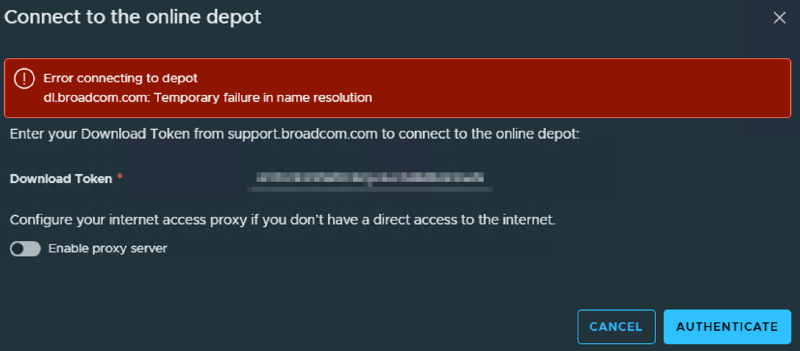 Error connecting to the online depot in VCF Installer