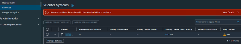 License assignment error in VCF Operations